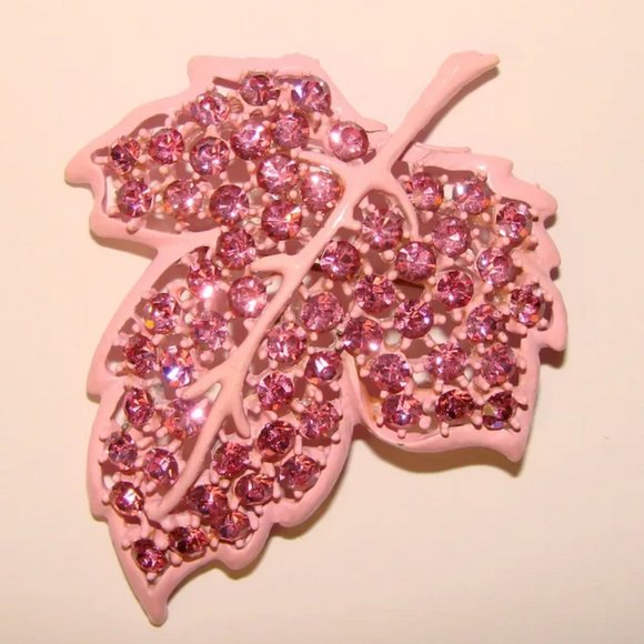 Vintage Weiss Pink Rhinestone Maple Leaf Brooch & Earrings - Picture 4 of 9